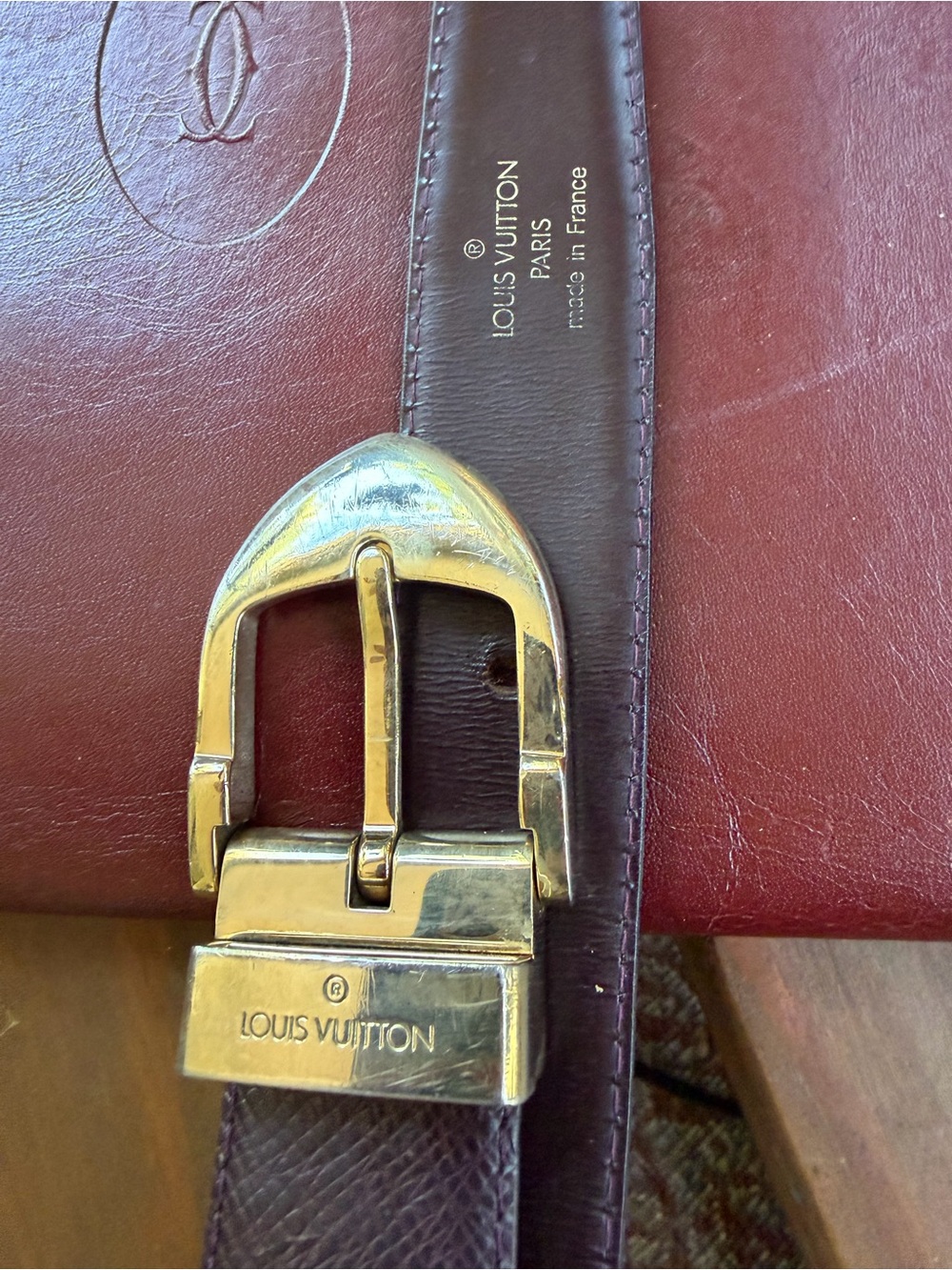 Louis Vuitton Deep Burgundy Leather Belt with Gold-Tone Buckle Sz 110/44 - Picture 14 of 15